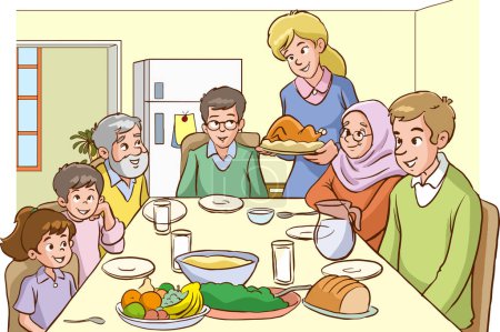 Téléchargez les illustrations : Image vectorielle de la famille à la table dans la cuisine - en licence libre de droit
