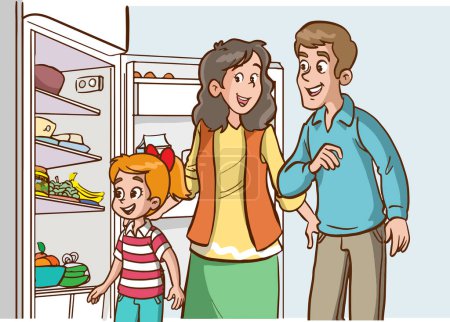Illustration for Happy family at the fridge. vector illustration. mother and daughter. - Royalty Free Image