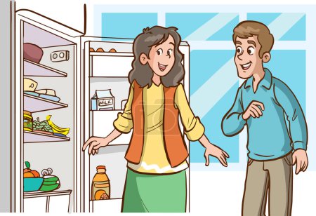Téléchargez les illustrations : Homme et femme avec réfrigérateur - en licence libre de droit