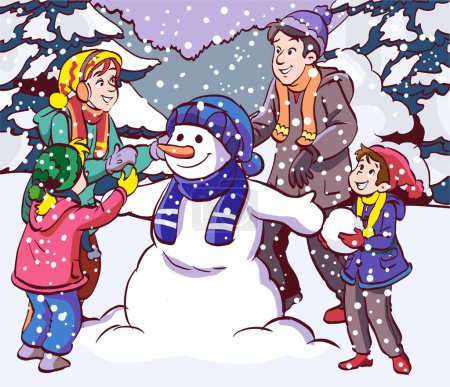 Ilustración de Familia haciendo dibujos animados muñeco de nieve - Imagen libre de derechos