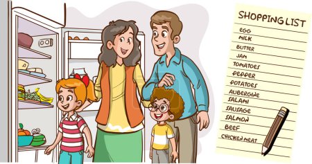 Illustration for Family looking at missing foods in fridge and making shopping list - Royalty Free Image