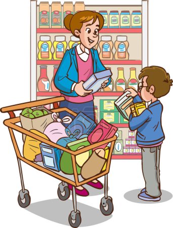 Illustration for Mother and son doing grocery shopping - Royalty Free Image