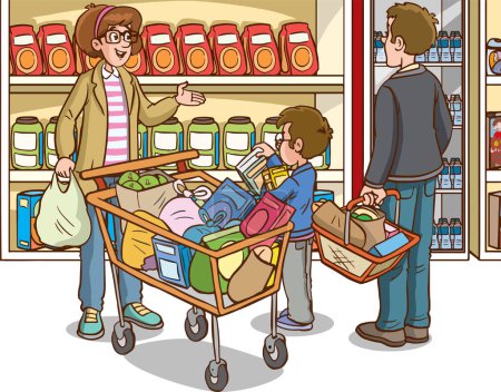 Téléchargez les illustrations : Shopping en famille dans le supermarché de dessin animé - en licence libre de droit