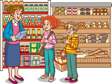 Illustration for Cartoon illustration of mother and daughter in a supermarket - Royalty Free Image