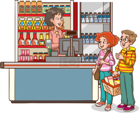 Illustration for Cartoon vector. two smiling girls and a man in the supermarket - Royalty Free Image