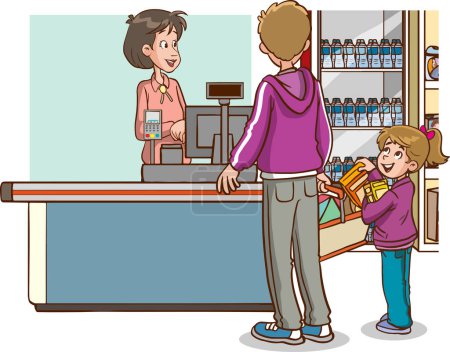 Illustration for Cartoon couple at supermarket counter - Royalty Free Image