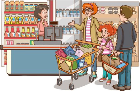 Illustration for Cartoon illustration of family shopping in the supermarket - Royalty Free Image