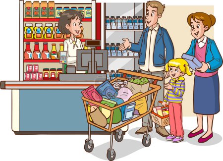 Téléchargez les illustrations : Illustration d'un shopping familial dans un supermarché - en licence libre de droit