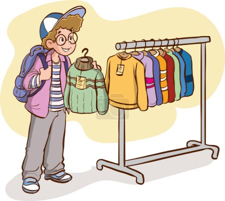 Illustration for Cartoon happy boy in a store choosing clothes - Royalty Free Image