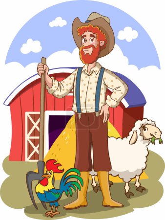 Ilustración de Dibujos animados feliz agricultor en la granja con ilustración de agricultor para niños - Imagen libre de derechos