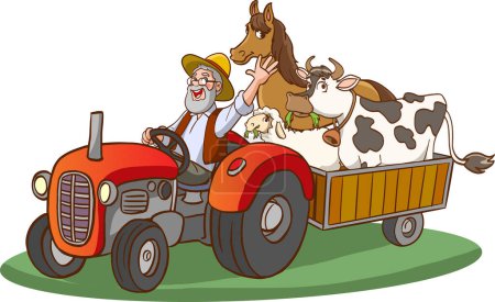 Téléchargez les illustrations : Agriculteur au volant tracteur et animaux heureux - en licence libre de droit