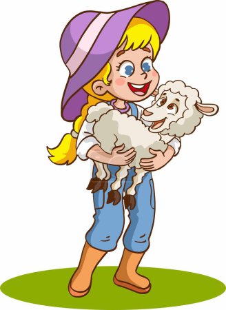 Illustration for Vector illustration of cute little girl with sheep - Royalty Free Image