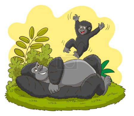 Téléchargez les illustrations : Illustration d'un gorille noir et blanc, père gorille et bébé gorille - en licence libre de droit