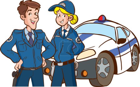Téléchargez les illustrations : Agent de police féminin et masculin et voiture de police - en licence libre de droit