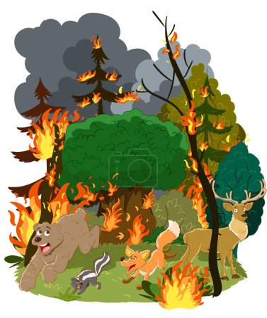 Ilustración de Animales que escapan de los incendios forestales y los incendios forestales background.vector ilustración. - Imagen libre de derechos