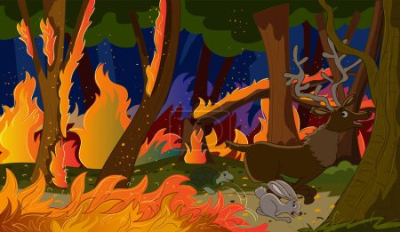 Illustration for Animals escaping from wildfire and wildfire background.vector illustration. - Royalty Free Image