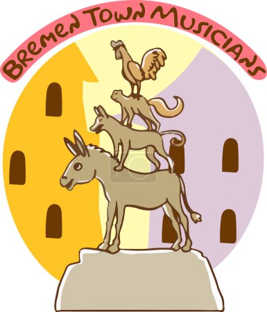 Ilustración de Bremen ciudad músicos, burro, perro, gato, gallo vector ilustración - Imagen libre de derechos