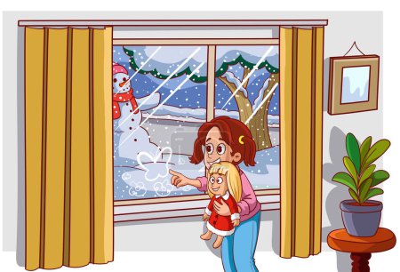 Téléchargez les illustrations : Il neige dehors et la fille qui regarde par la fenêtre joue avec sa poupée. Dessiner une image sur le verre - en licence libre de droit