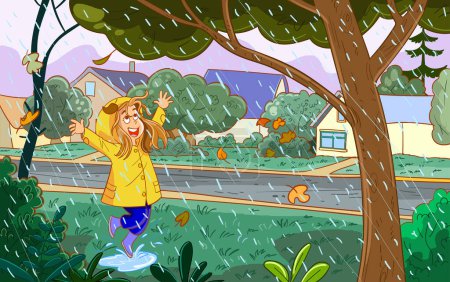 Illustration for A girl in a rain with a dog - Royalty Free Image