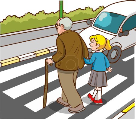 Illustration for Girl helping old man at pedestrian crossing - Royalty Free Image