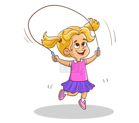Téléchargez les illustrations : Fille sautant et sautant la corde. dessin animé vectoriel - en licence libre de droit