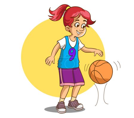 Téléchargez les illustrations : Une fille jouant au basket illustration de personnage de dessin animé - en licence libre de droit