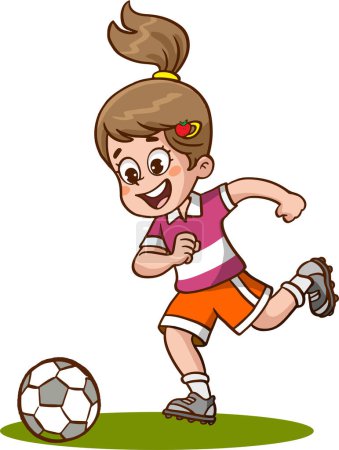Illustration for Cartoon cute young girl in soccer uniform with football - Royalty Free Image