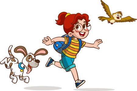 Ilustración de Dibujos animados feliz chico y chica con perro corriendo sobre fondo blanco ilustración - Imagen libre de derechos