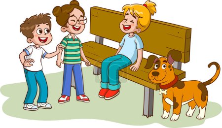 Ilustración de Ilustración de dibujos animados de niños jugando con un perro en el banco - Imagen libre de derechos