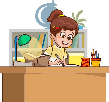 Illustration for Illustration of a young girl studying at school at the desk - Royalty Free Image