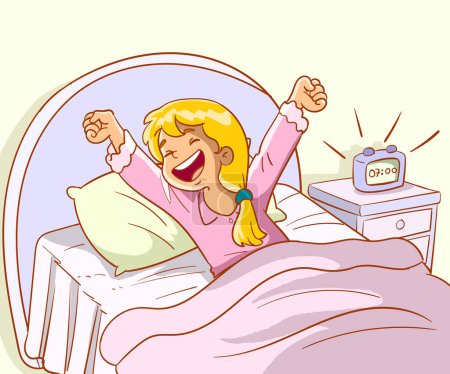 Téléchargez les illustrations : Dessin animé femme heureuse en pyjama avec oreiller - en licence libre de droit