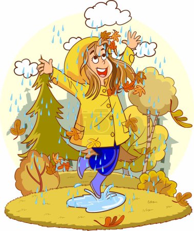 Illustration for Happy girl in raincoat and raincoat jumping with falling snow. vector illustration. cartoon character. - Royalty Free Image