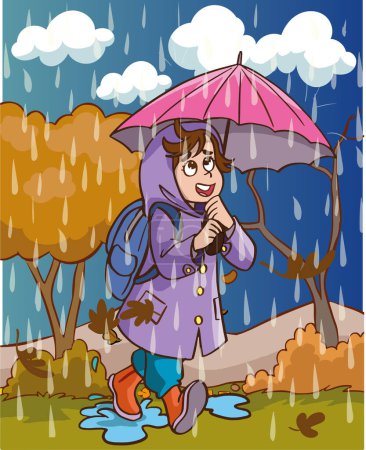Téléchargez les illustrations : Illustration de garçon sous la pluie - en licence libre de droit