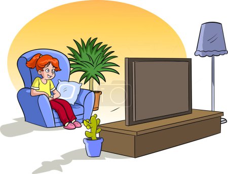 Ilustración de Mujer viendo televisión por la noche ilustración - Imagen libre de derechos