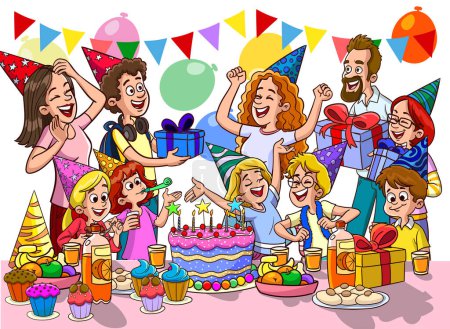 Ilustración de Grupo de amigos felices celebrando - Imagen libre de derechos