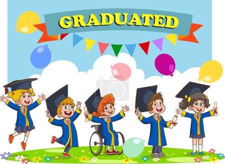 Illustration for Happy kids in graduation hats celebrating graduation - Royalty Free Image