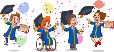 Téléchargez les illustrations : Illustration d'un garçon heureux célébrant avec de nombreuses casquettes de graduation - en licence libre de droit