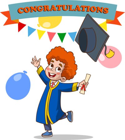 Ilustración de Vector de niño feliz graduado de dibujos animados en una gorra de graduación y la celebración de un diploma de oro - Imagen libre de derechos
