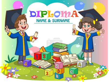 Illustration for Kids and diploma with word graduation illustration - Royalty Free Image