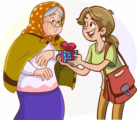 Ilustración de Madre e hija dando un regalo a su cumpleaños - Imagen libre de derechos