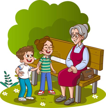 Téléchargez les illustrations : Grand-mère assis sur le banc et petit-enfant dessin animé vecteur - en licence libre de droit