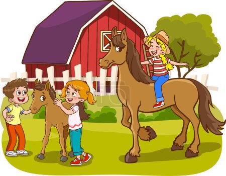 Téléchargez les illustrations : Illustration conception de fille heureuse et ses animaux de ferme - en licence libre de droit