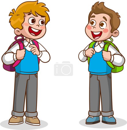 Illustration for Happy cute kids boy and girl talking to each other.little kid say hello to friend and go to school together - Royalty Free Image
