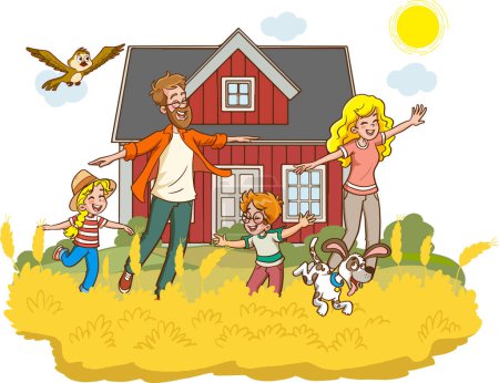 Téléchargez les illustrations : Famille heureuse dans la cour - en licence libre de droit