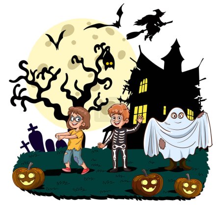 Téléchargez les illustrations : Joyeux Halloween. Enfants habillés en robe fantaisie d'Halloween pour aller Trick ou Treating.vector illustration. - en licence libre de droit