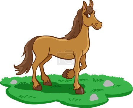 Téléchargez les illustrations : Cheval brun sur une illustration d'herbe - en licence libre de droit