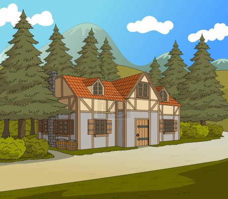 Illustration for Cartoon scene with a beautiful house near the road illustration for children - Royalty Free Image