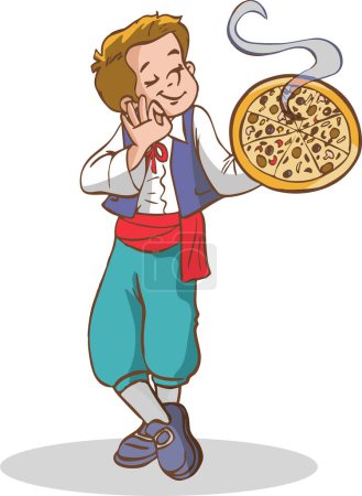 Téléchargez les illustrations : Illustration d'un jeune chef avec pizza sur fond blanc - en licence libre de droit