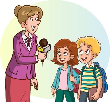 Illustration for Journalist and students children interviewing - Royalty Free Image