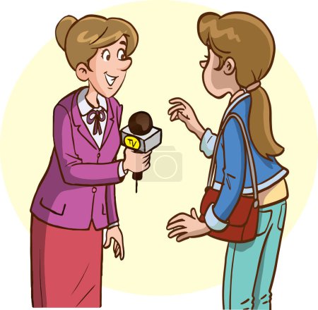 Illustration for Journalist woman doing street interview with people - Royalty Free Image